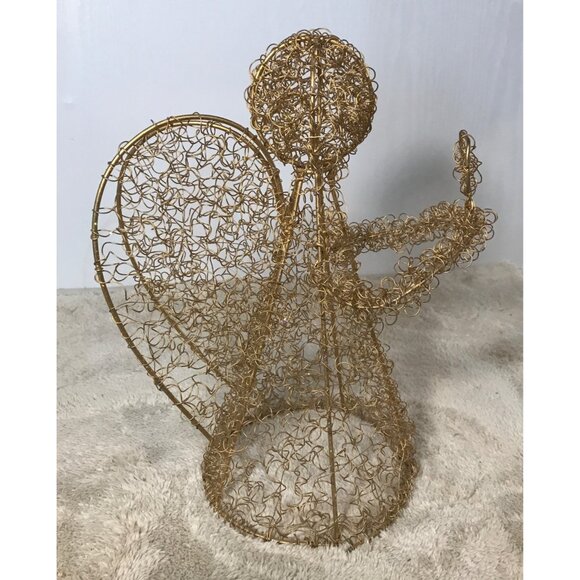 Gold Wire Angel Ornament Holding "Mirror" Halo & Wings 12 " Tall - Picture 3 of 9